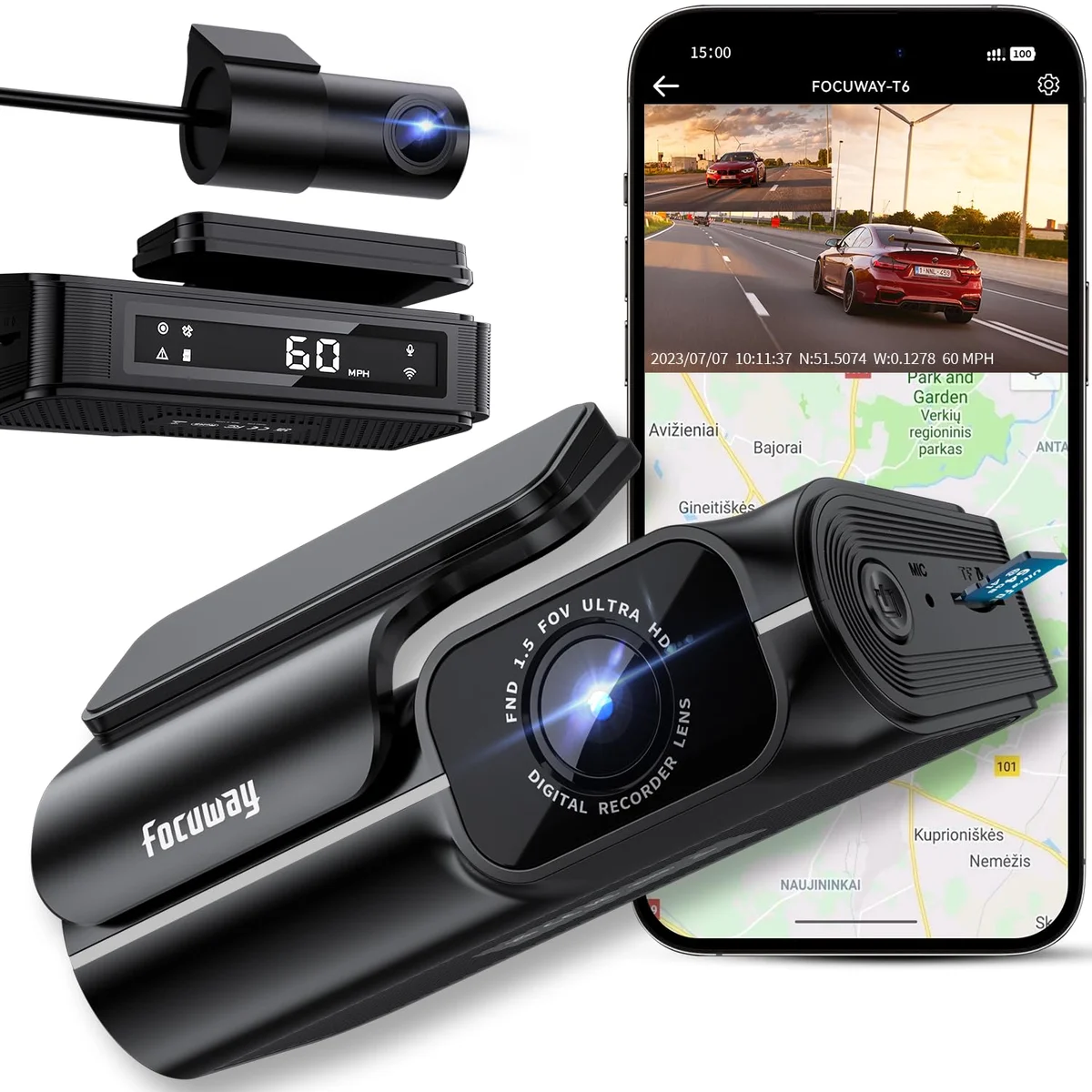 FOCUWAY 4K Dash Cam Front and Rear
